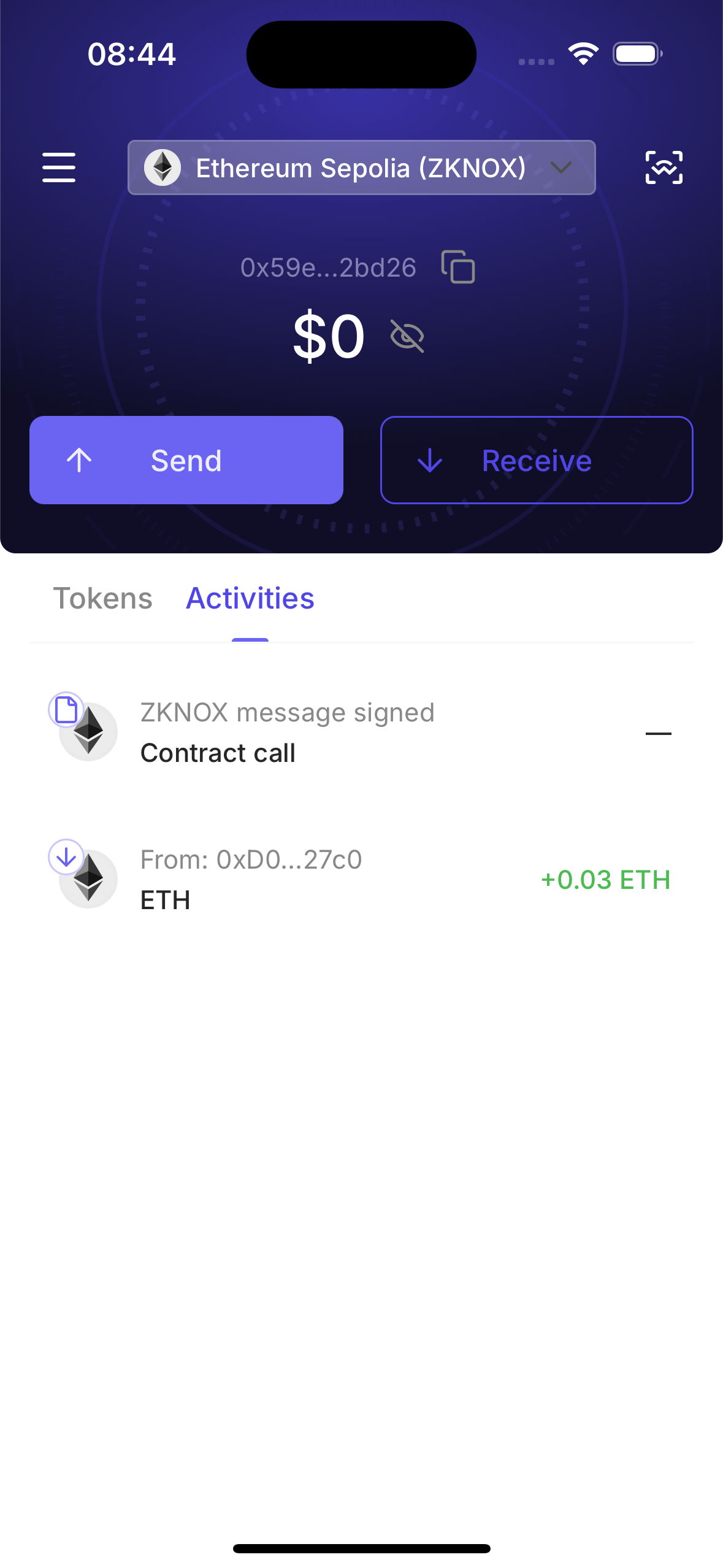 Activities list with ZKNOX message signed entry