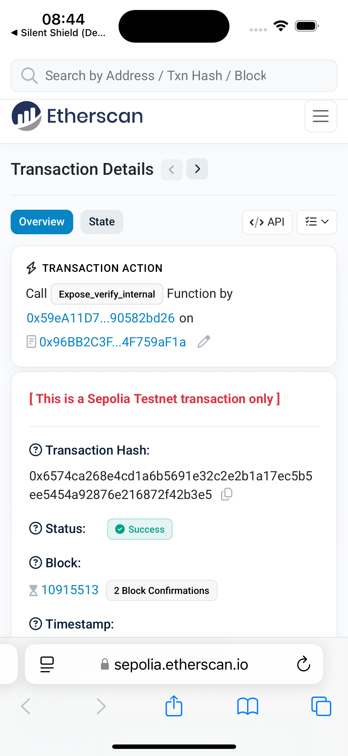 Etherscan transaction details showing the expose_verify_internal call