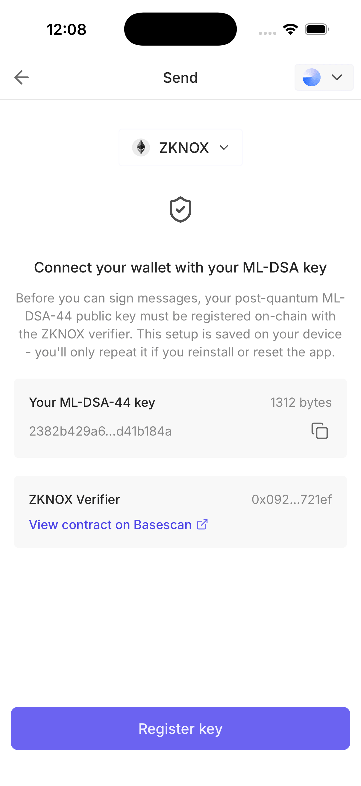 Register key screen showing the ML-DSA-44 key and the ZKNOX verifier contract