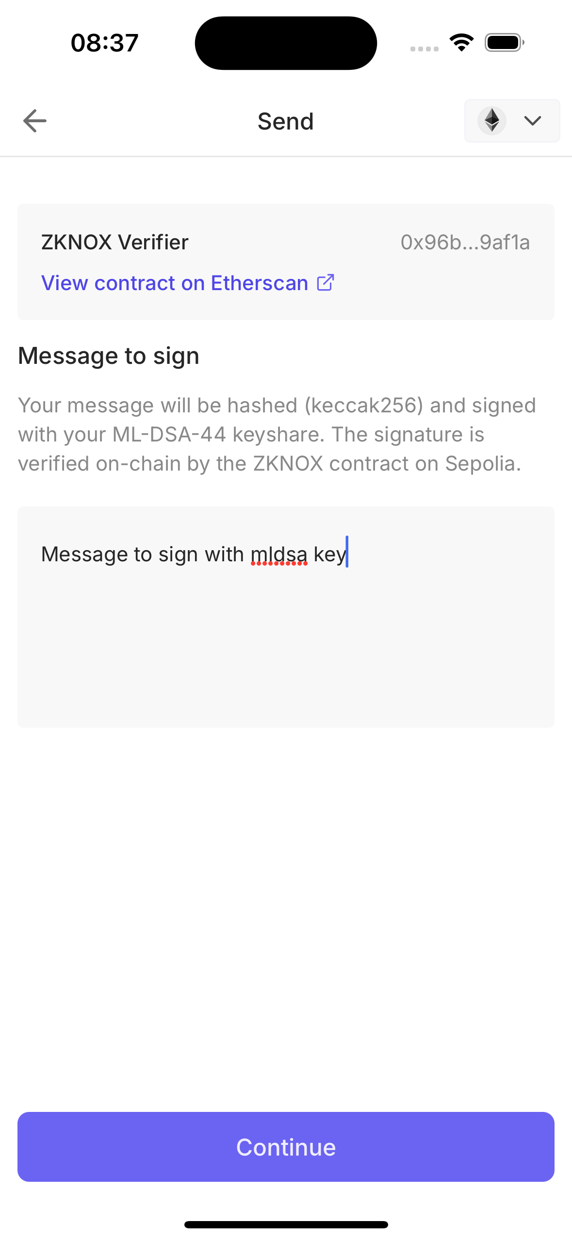 ZKNOX Send screen with message input and verifier address