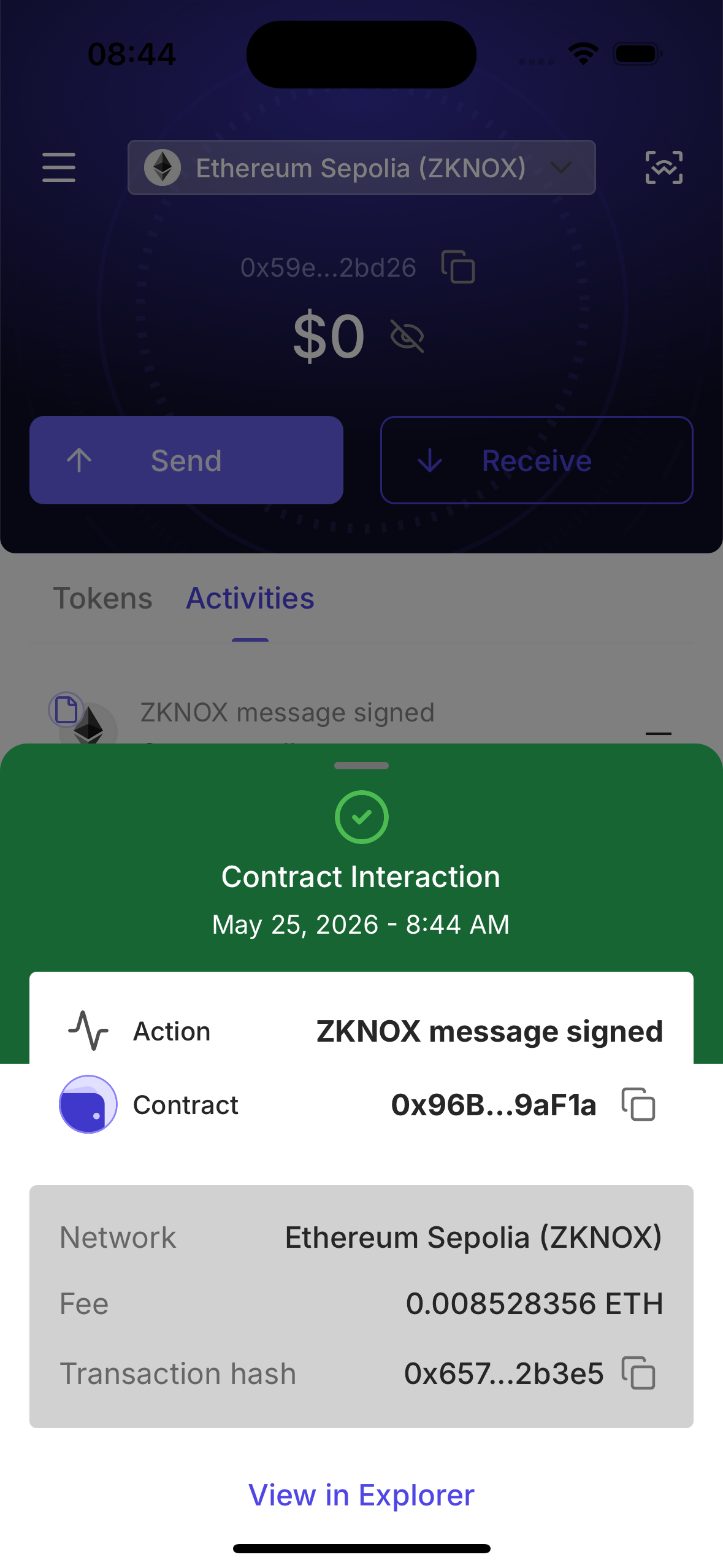 Transaction detail for the ZKNOX message signing call