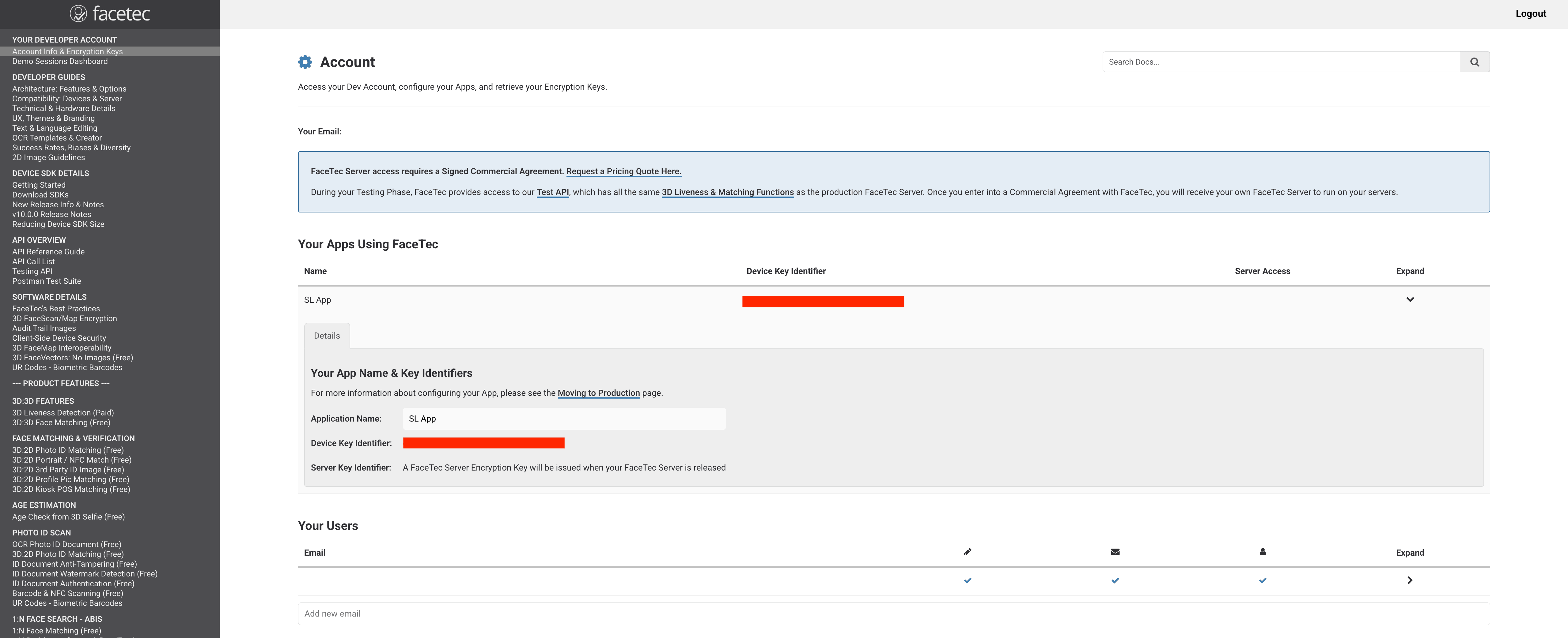 FaceTec developer dashboard with the Device Key Identifier